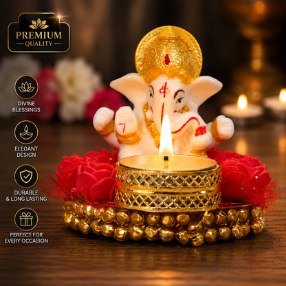 Lord Ganesha Idol on Decorative Plate with Tea Light Holder