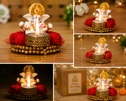 Lord Ganesha Idol on Decorative Plate with Tea Light Holder