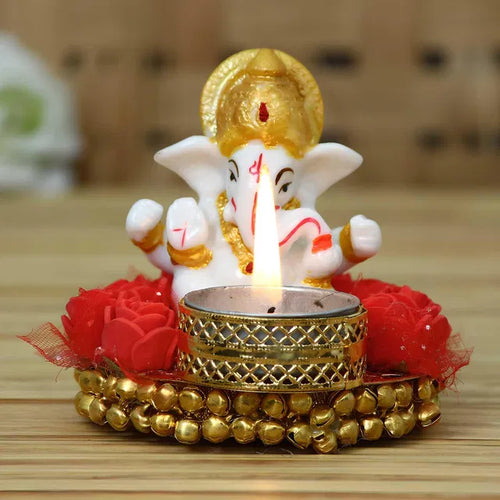 Lord Ganesha Idol on Decorative Plate with Tea Light Holder
